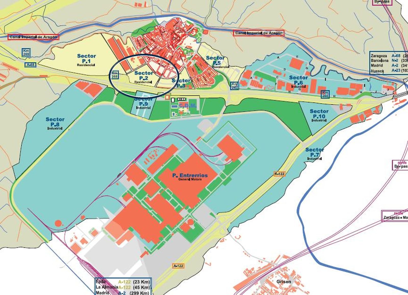 Plano de sectores del Plan General de Figueruelas con el sector P-2 junto al casco urbano