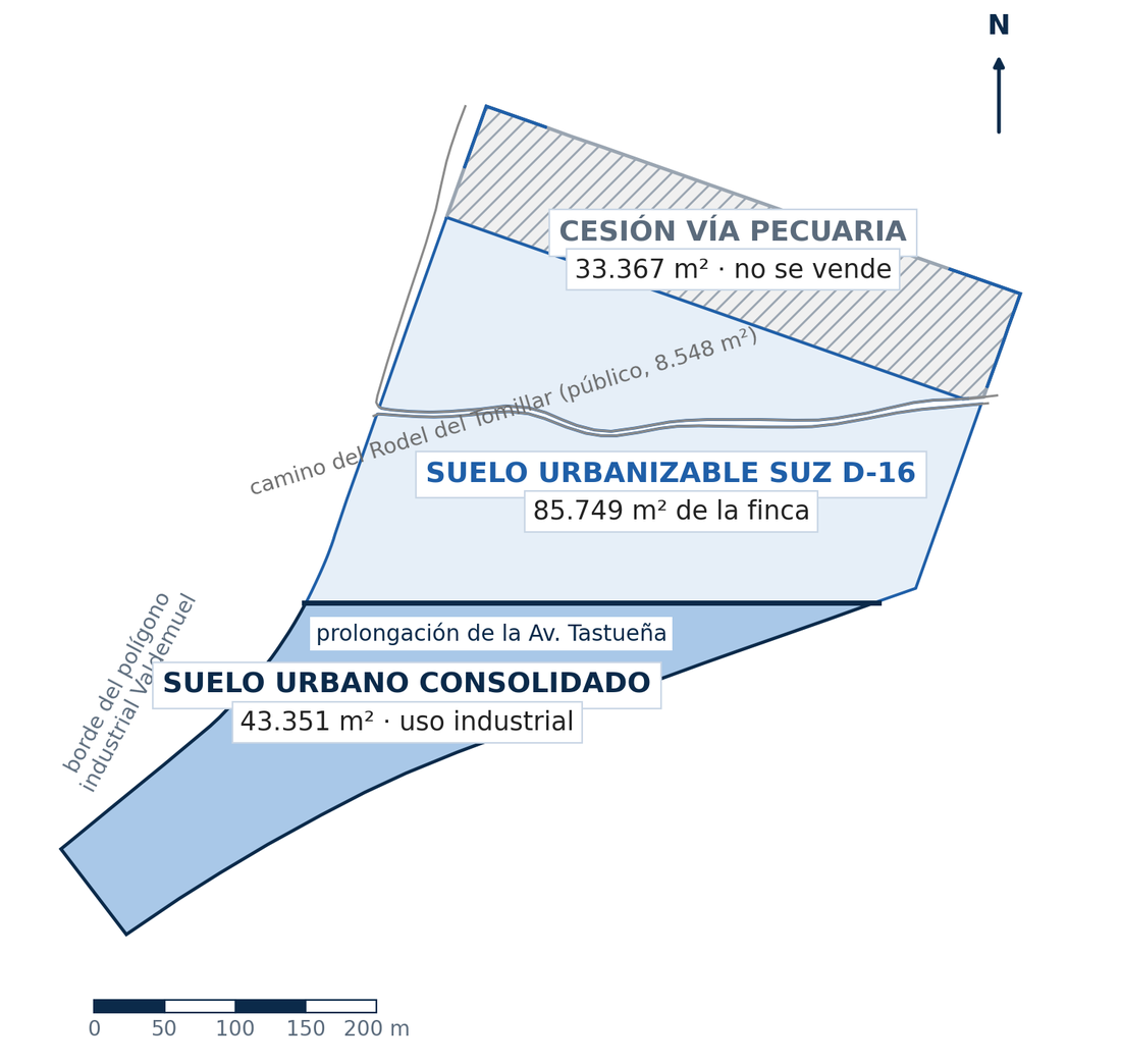 Plano de la finca de Valdemuel con el suelo urbano consolidado, el sector SUZ D-16 y la cesión de la vía pecuaria