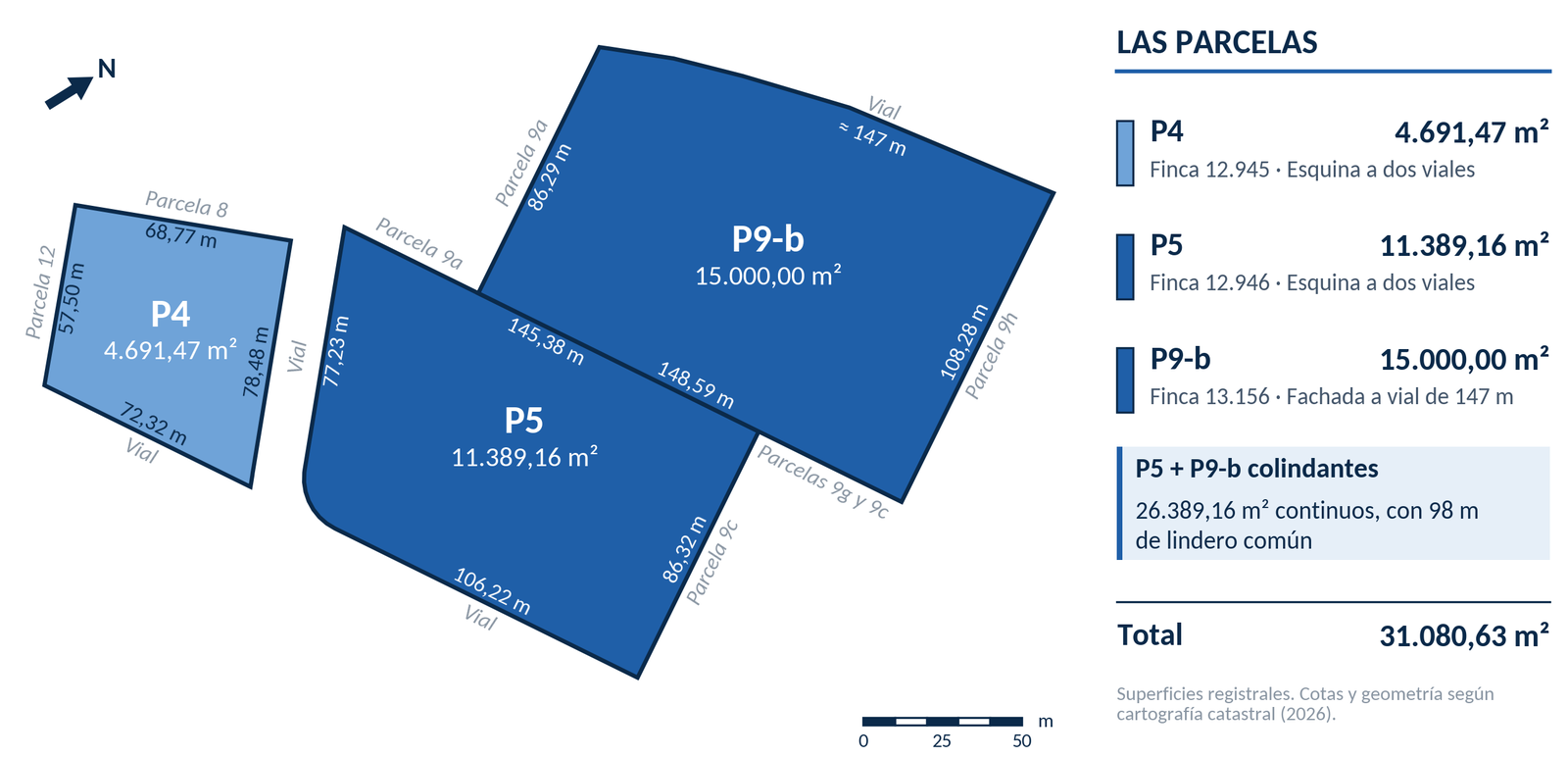 Plano de las parcelas P4, P5 y P9-b del polígono El Sabinar con superficies y linderos