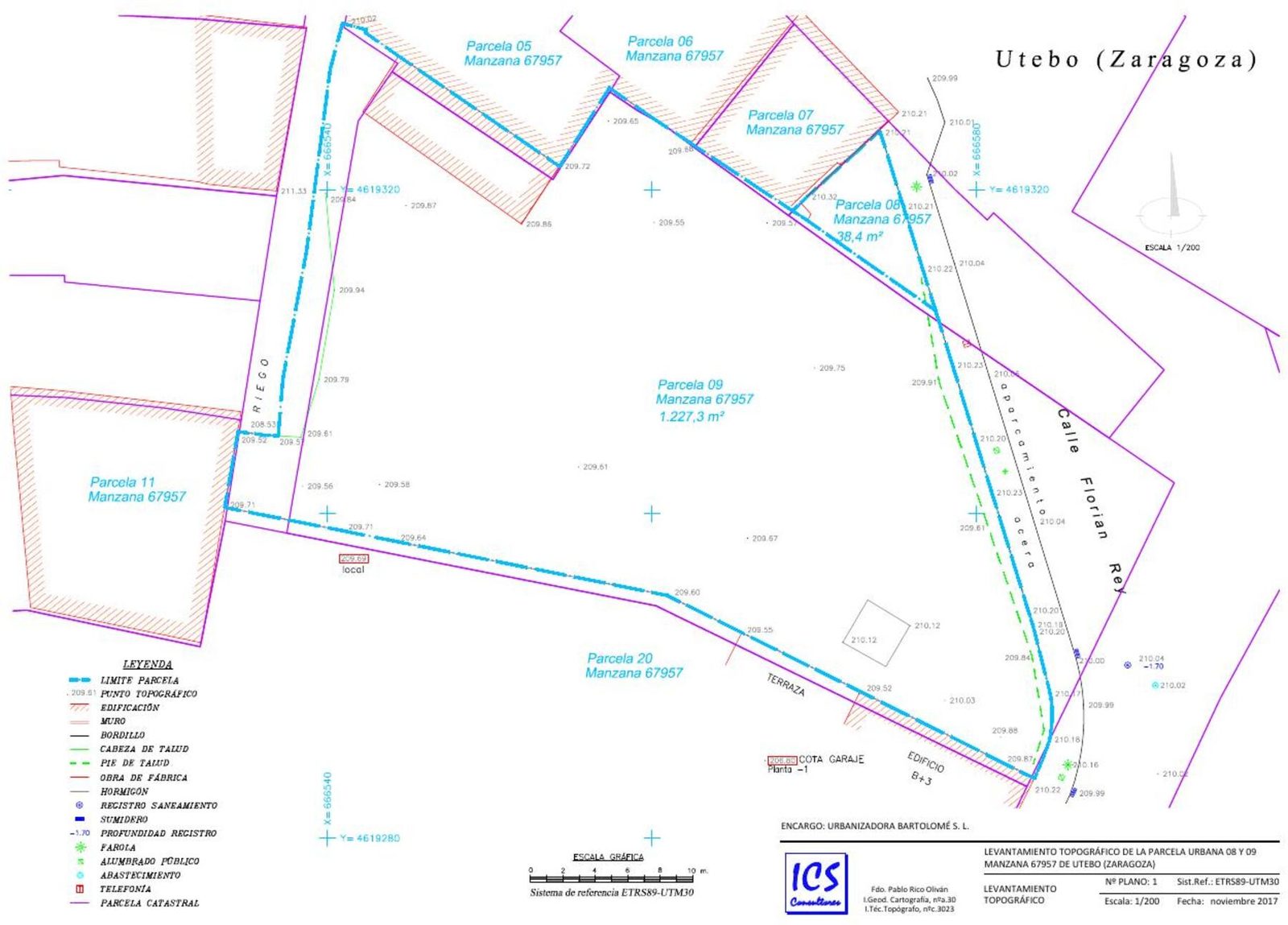 Levantamiento topográfico del solar de Utebo, parcelas 08 y 09 de la manzana 67957