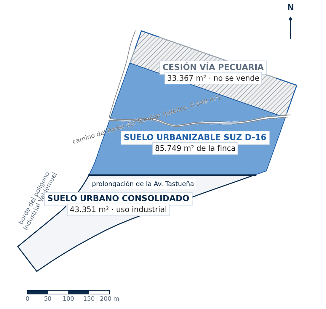 Plano de la finca de Valdemuel con el suelo urbanizable del sector SUZ D-16 resaltado