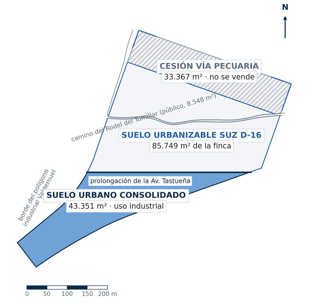Plano de la finca de Valdemuel con el suelo urbano consolidado industrial resaltado en la parte sur